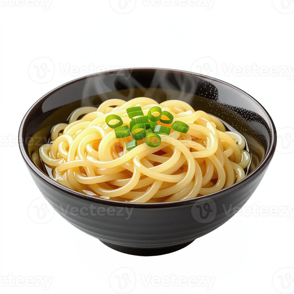 Steaming hot bowl of traditional Japanese udon noodles with green onions in black bowl on transparent background png