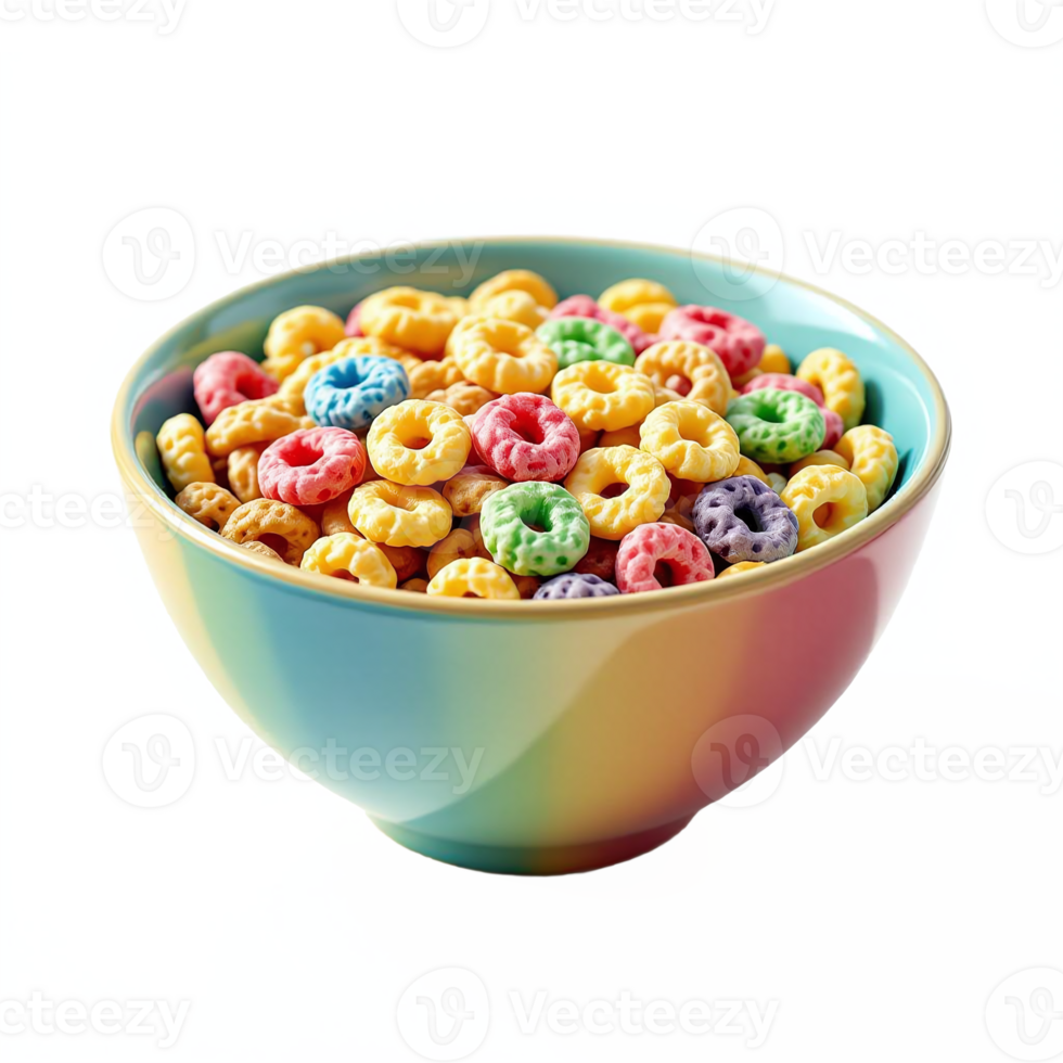Colorful Fruit Loop Breakfast Cereal in a Rainbow Gradient Bowl with Transparent Background png
