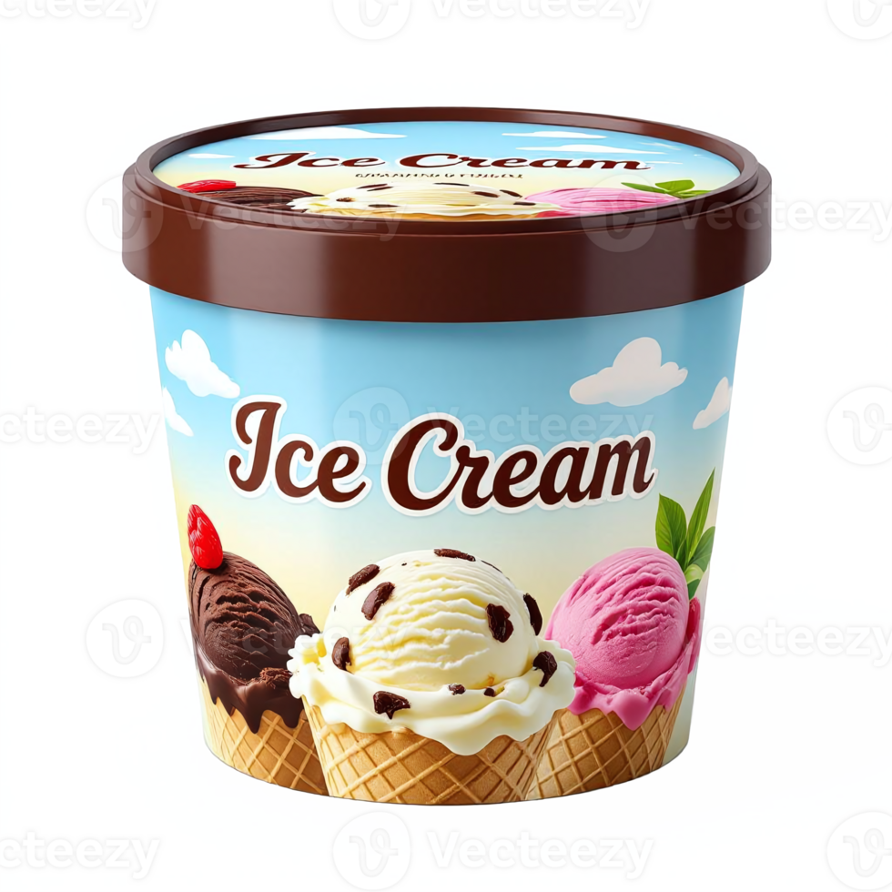 of Ice Cream Container with Chocolate Vanilla and Strawberry Flavors with Transparent Clipping Path png