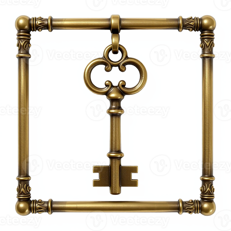 Ancient Golden Key Hanging Inside Ornate Frame with Clipping Path No Background png