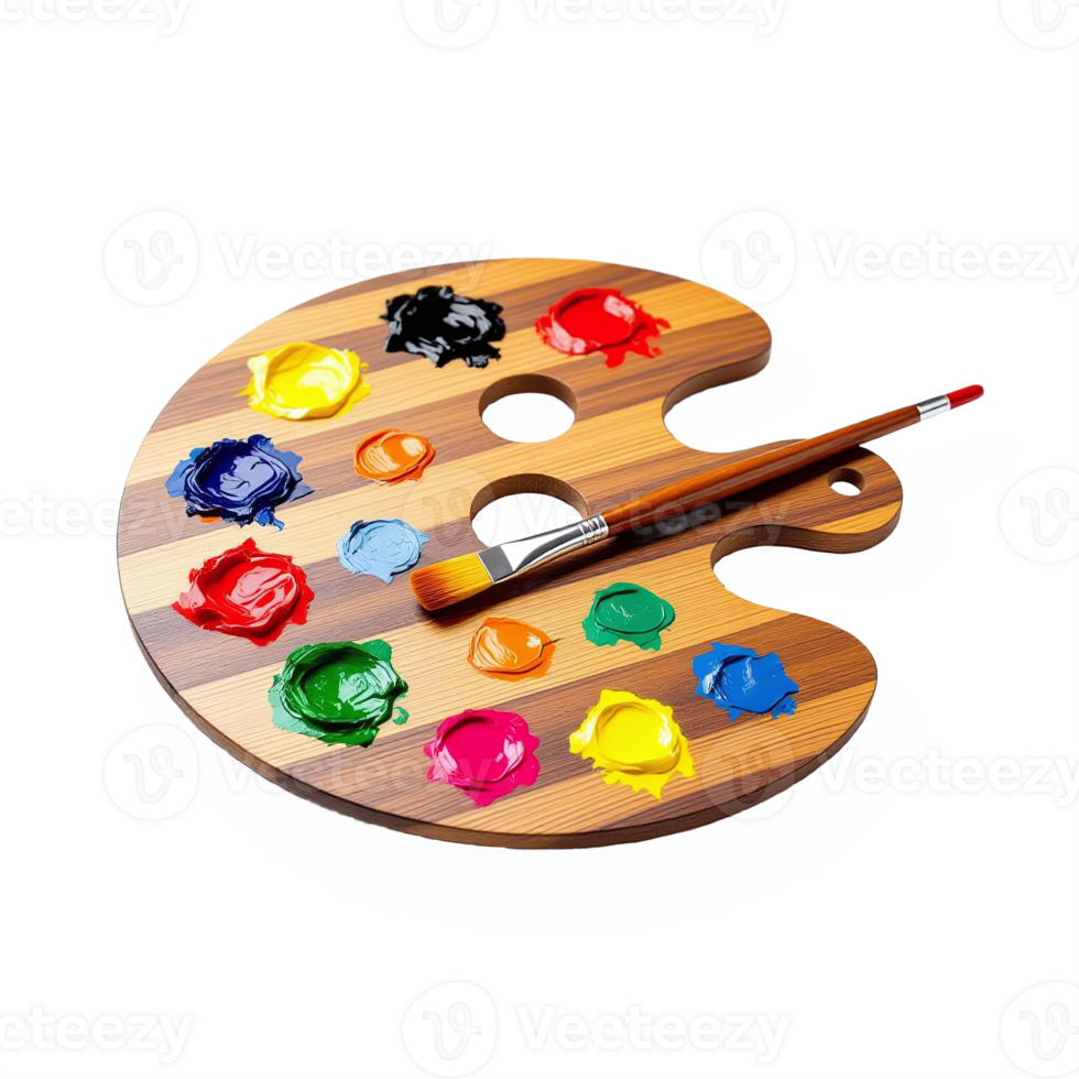 Wooden artist palette with colorful oil paints and brush on transparent background png