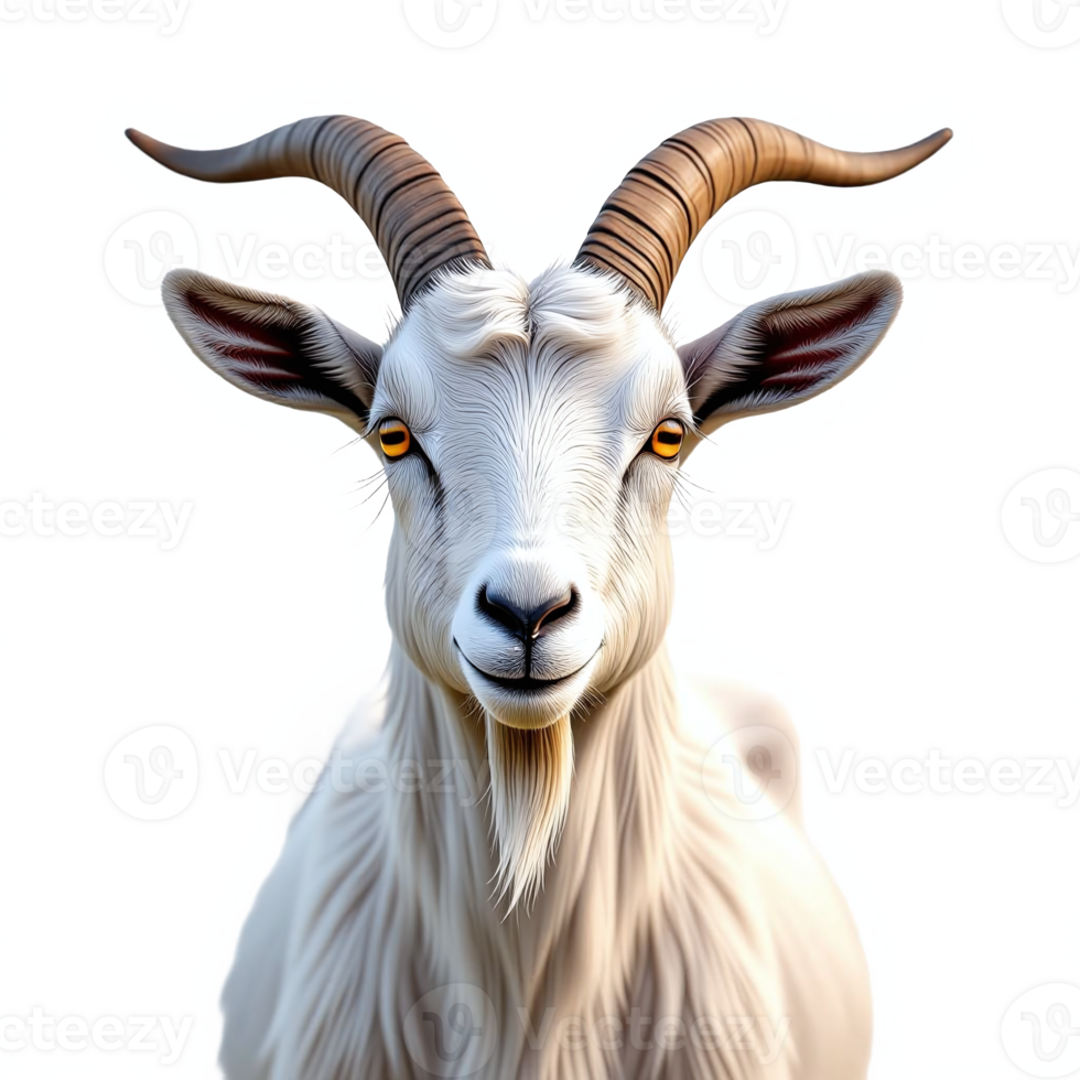 Detailed illustration of a goat with curved horns and golden eyes on transparent background png