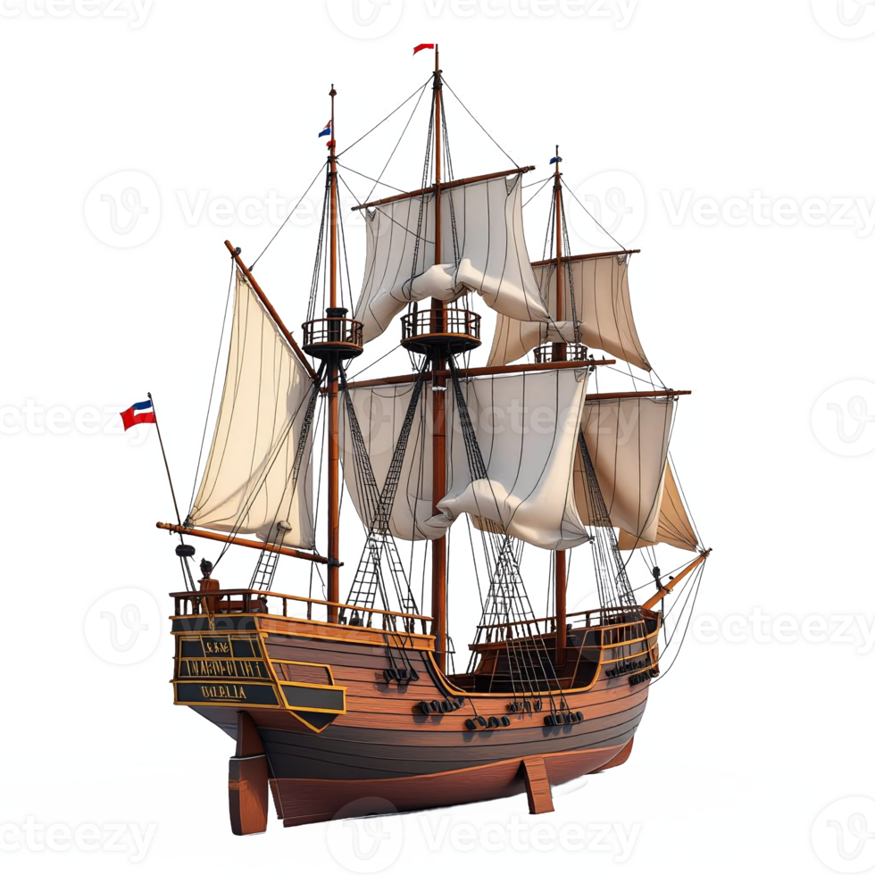 Detailed illustration of a classic sailing ship with sails and rigging on no background png
