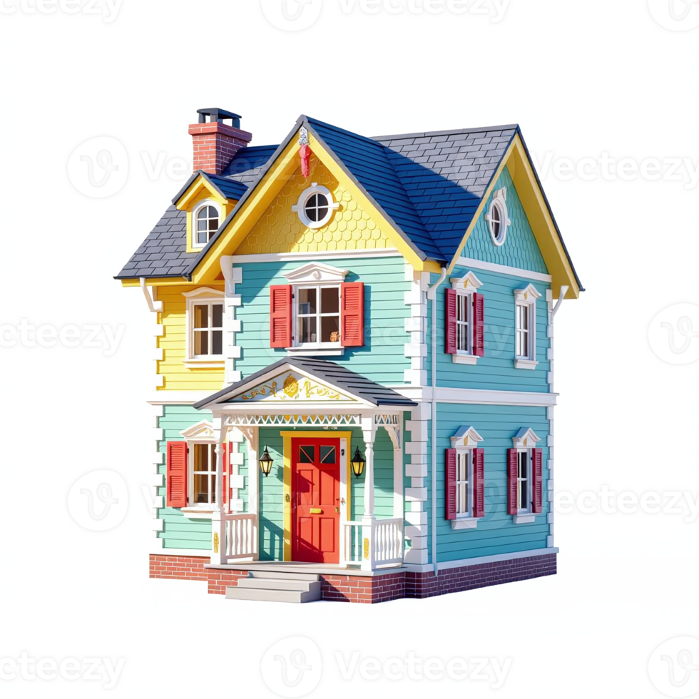 Colorful Victorian Style House with Bright Yellow Blue and Red Exterior and Wooden Shutters Clipping Path png
