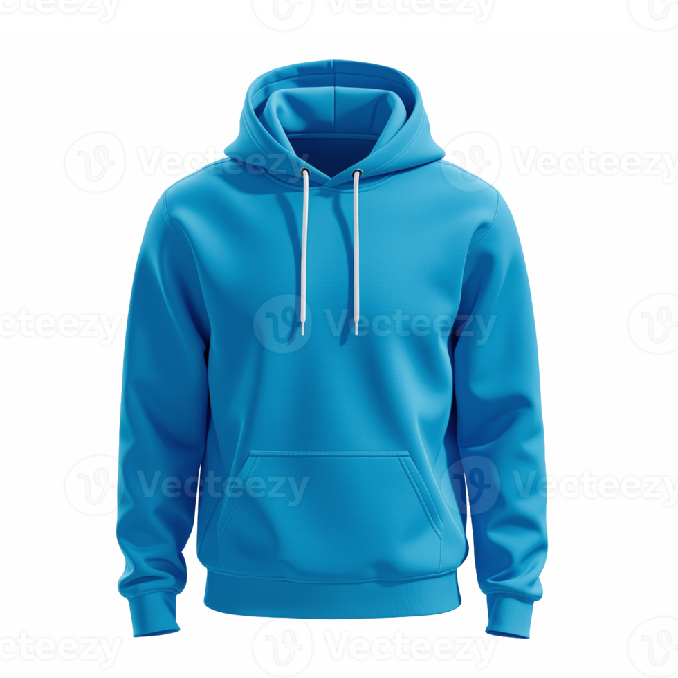 Bright Blue Hooded Sweatshirt with Drawstrings and Front Pocket on Transparent Background png