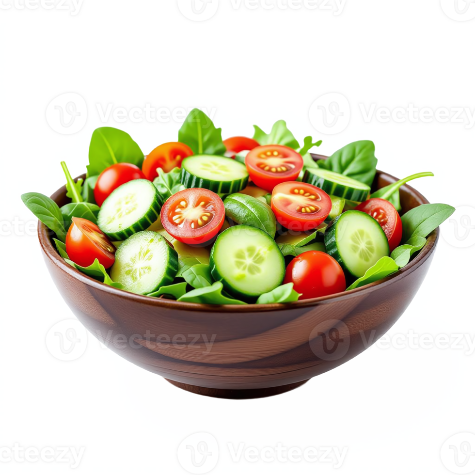 Fresh Salad Bowl with Sliced Cucumbers Cherry Tomatoes and Green Lettuce in Wooden Bowl Transparent Background png