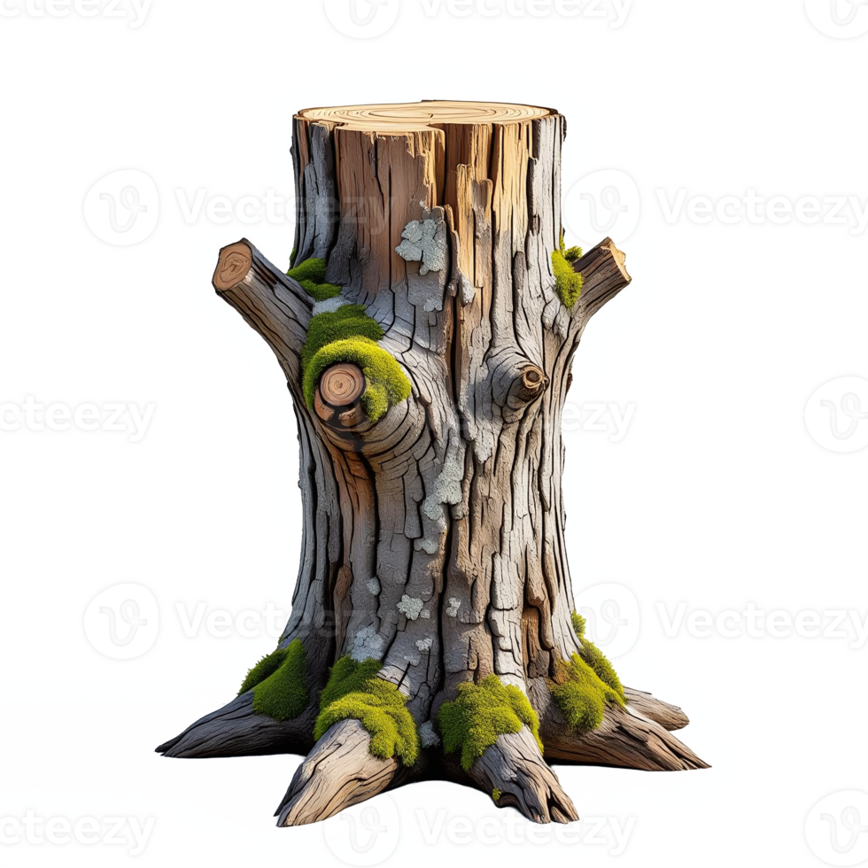 Detailed realistic tree stump with moss and bark displaying a natural wooden texture and no background png