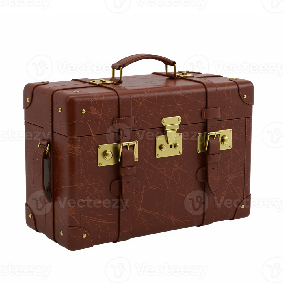 Brown vintage leather briefcase with gold hardware and carrying handle on transparent background png