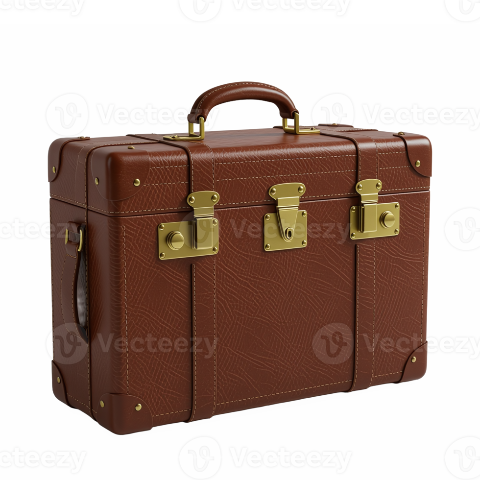 Leather briefcase with brass locks and handle isolated on transparent background png