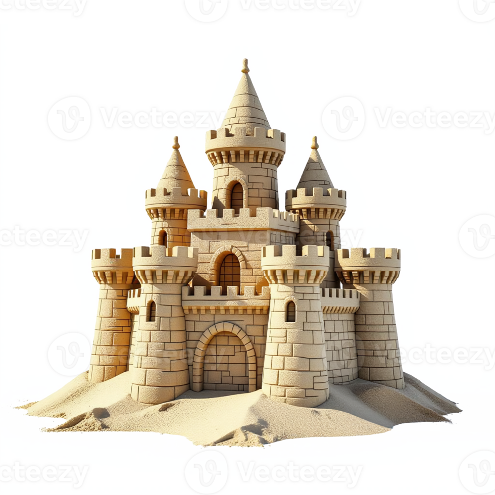 Detailed Sandcastle with Multiple Towers and Moats on Beach with Transparent Background png