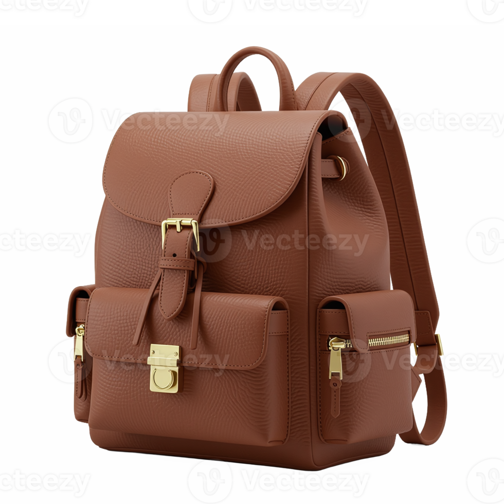 Brown Leather Backpack with Multiple Pockets and Gold Hardware for Travel and Daily Use no background png