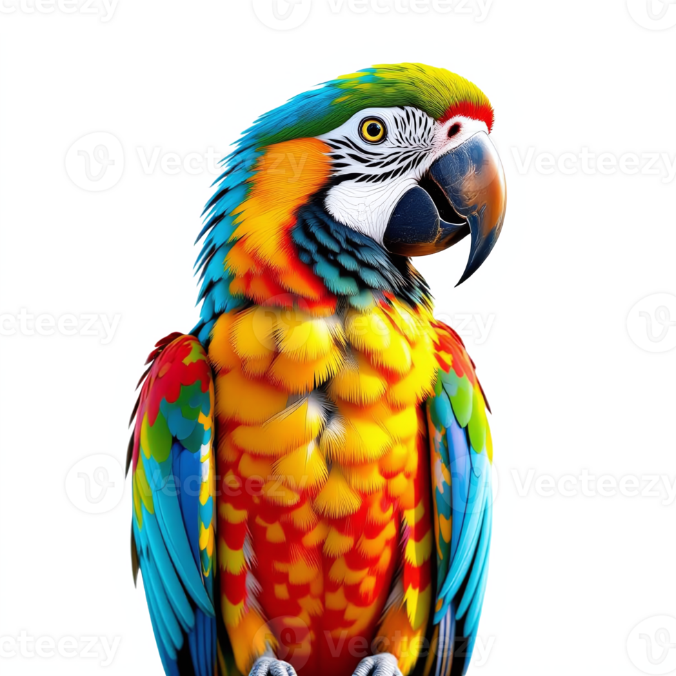 Vivid Colorful Macaw Parrot with Detailed Feathers and Sharp Beak on Transparent Background png