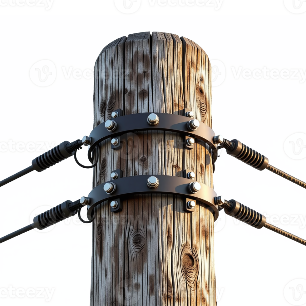 Close-up of Wooden Utility Pole with Insulated Power Lines and Clamps Clear Clipping Path png