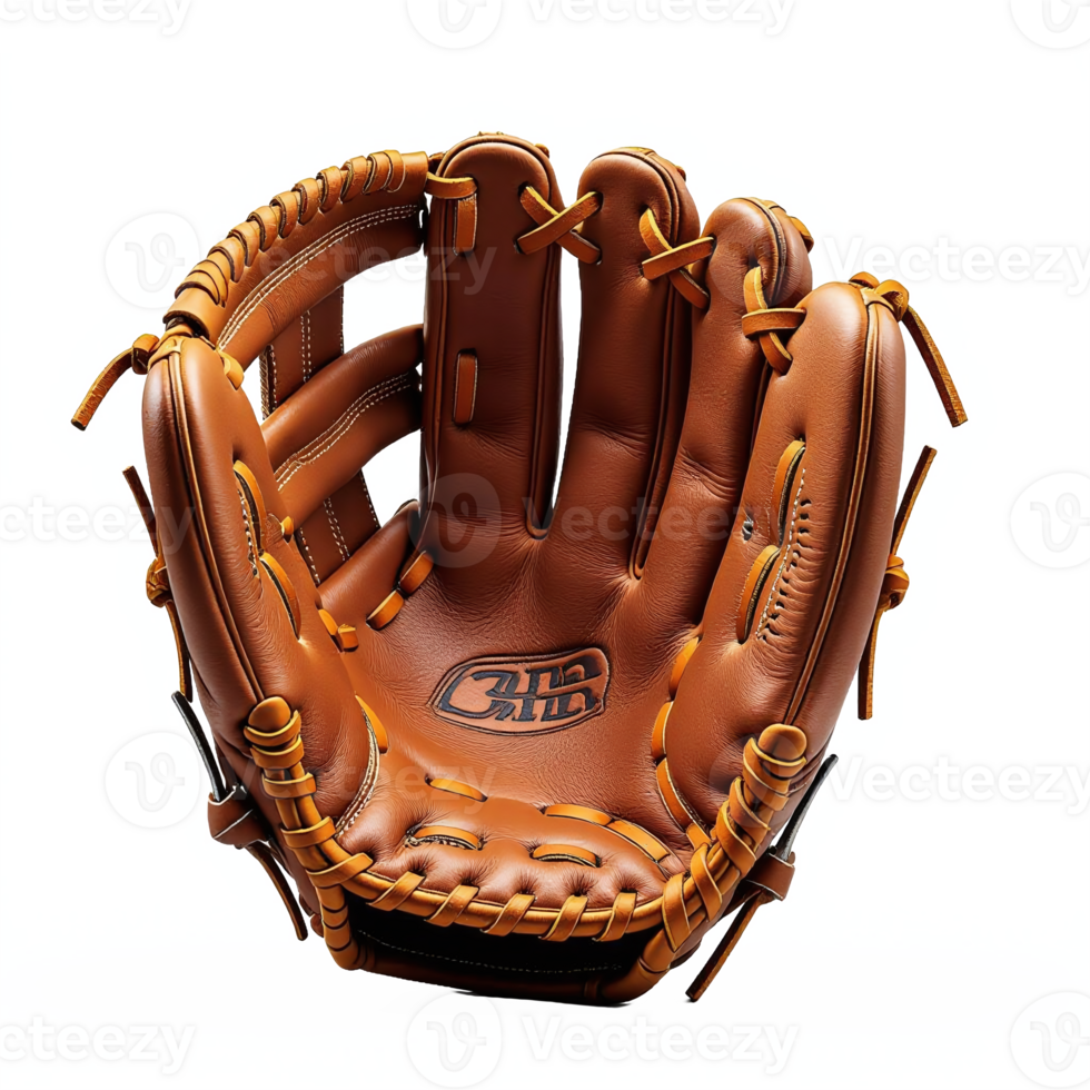 High-quality brown leather baseball glove with adjustable wrist strap and finger stalls clear transparent background png
