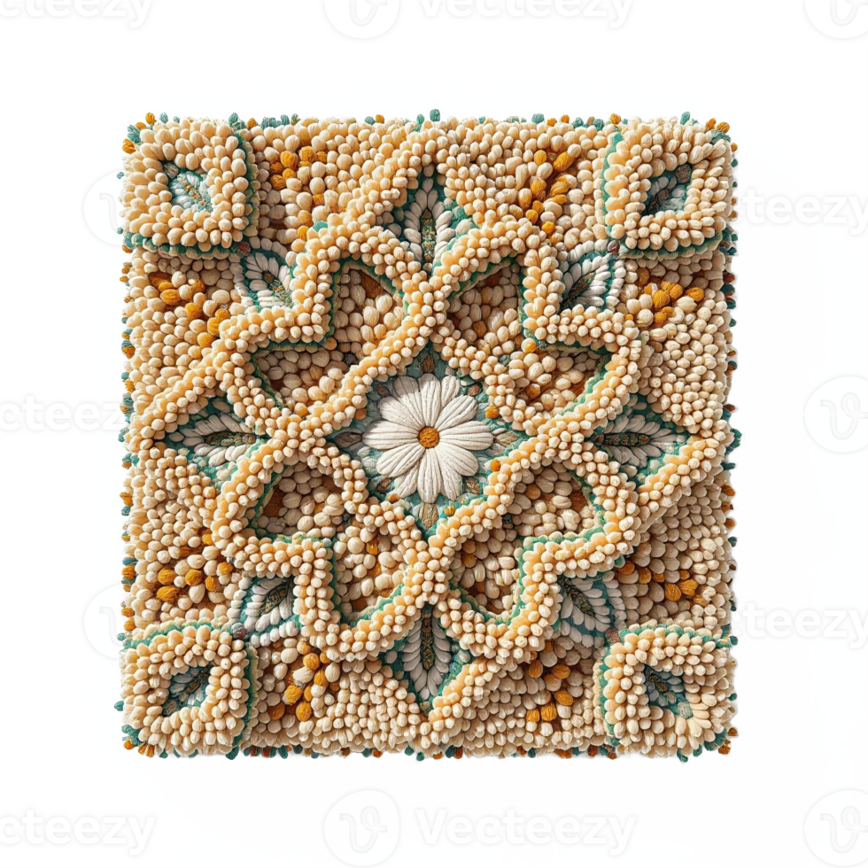 Intricate Beaded Textile Tile with Floral Center and Geometric Pattern on Transparent Background png