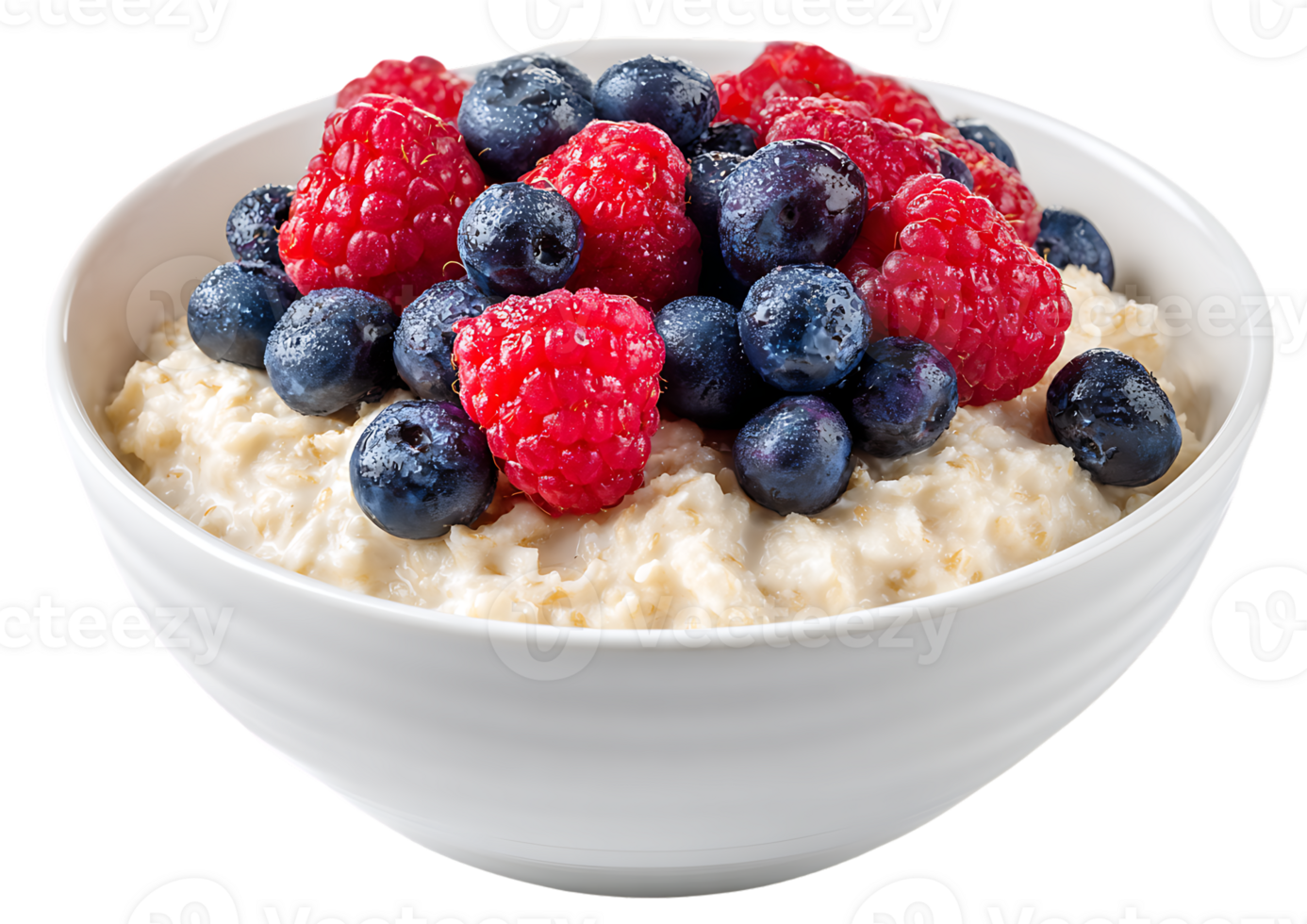 Delicious Bowl of Oatmeal with Fresh Raspberries and Blueberries on a Transparent Background png