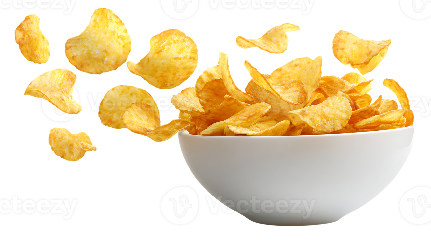 Pile Of Crispy Potato Chips Poured From White Bowl Transparent Background png