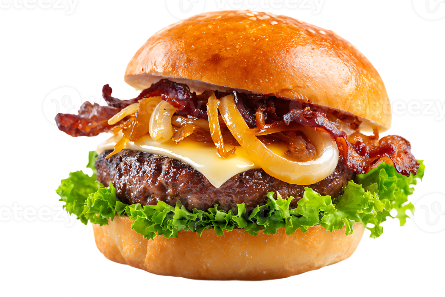 Delicious Burger with Crispy Bacon Lettuce Cheese and Onion Transparent Background png