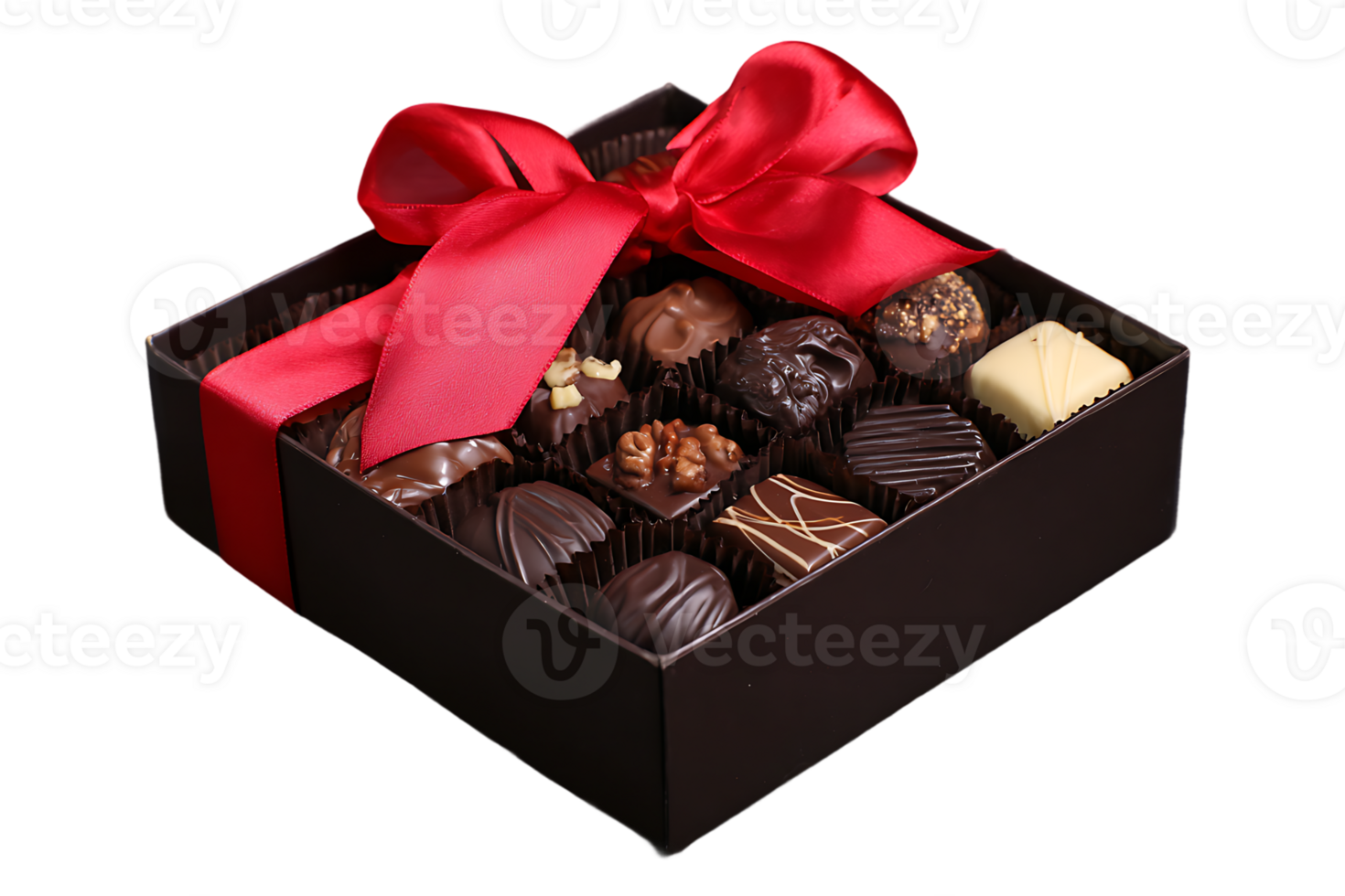Assorted Chocolates in Gift Box With Red Ribbon On Transparent Background Isolated png