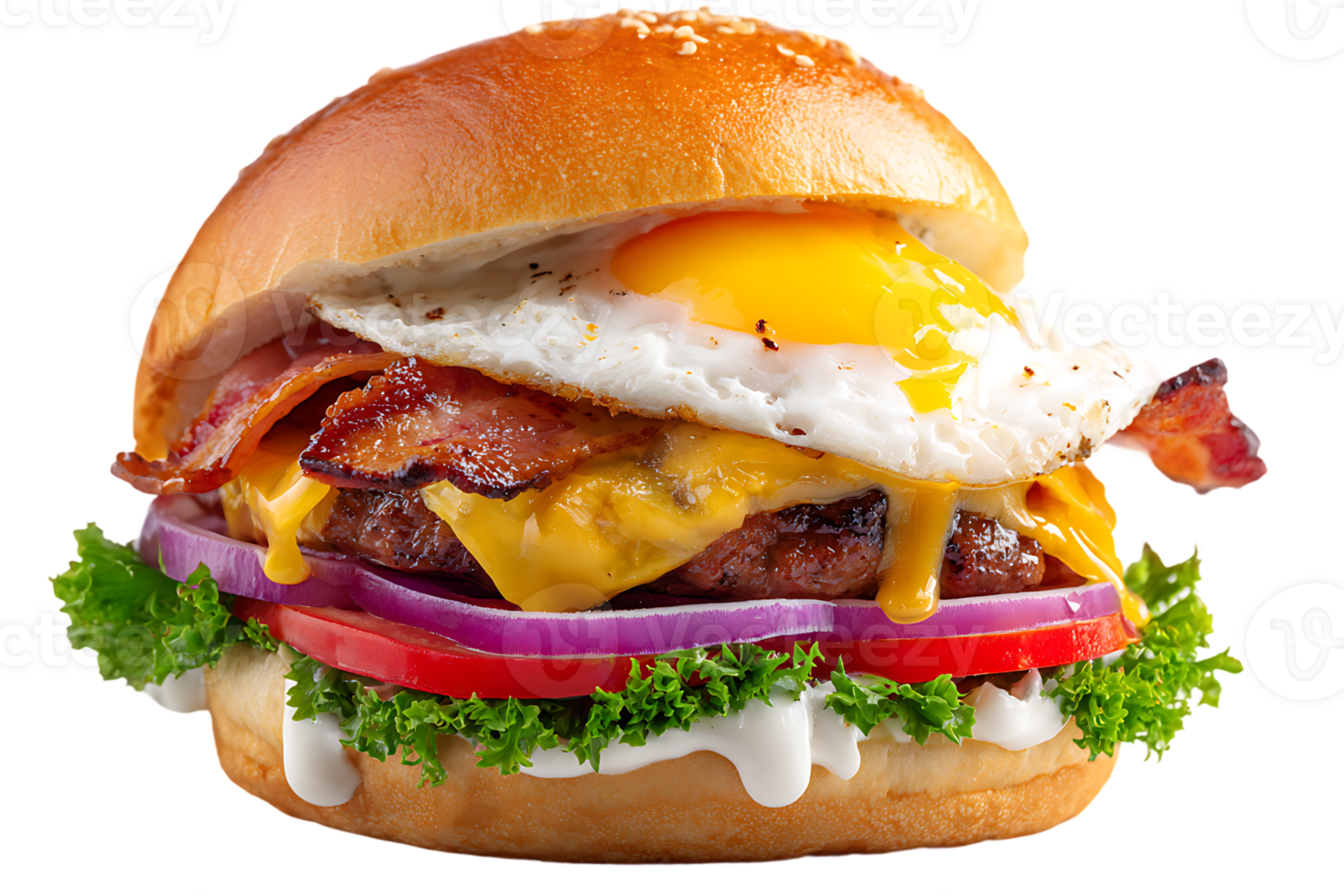 Delicious Burger with Egg Bacon Cheese Lettuce Tomato and Onion Isolated on White png