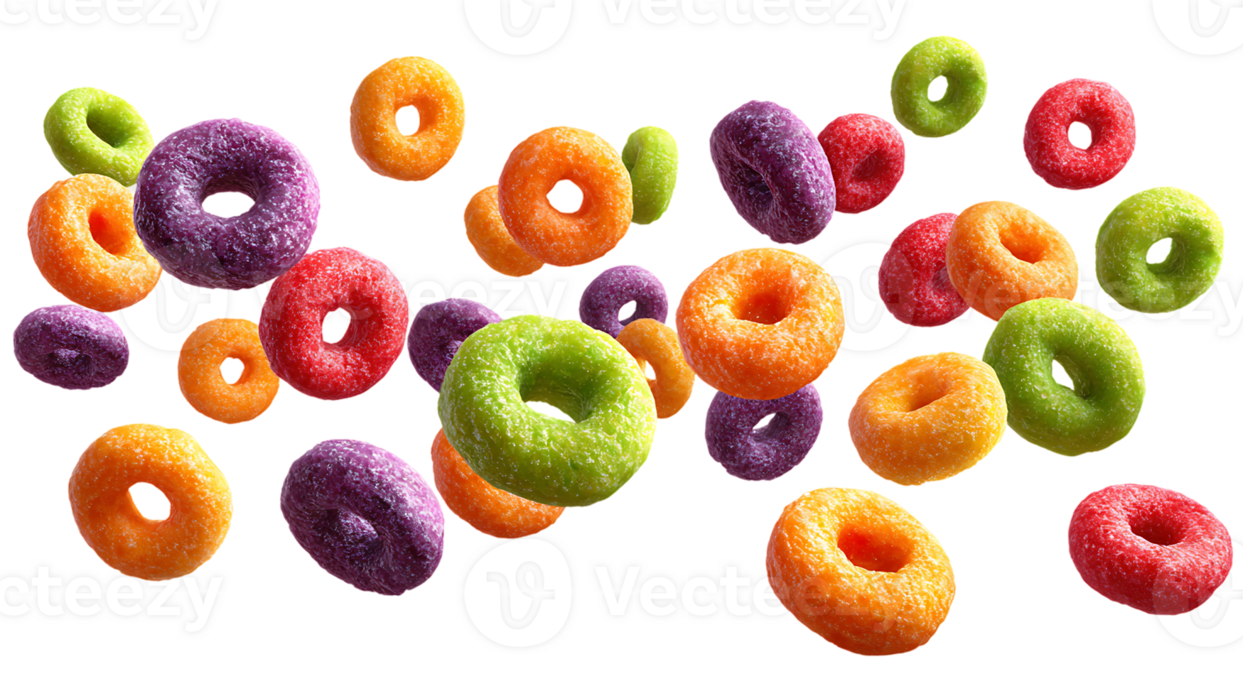 Colorful Cereal Rings Flying Delicious Breakfast Food Fruity Cereal Isolated on Transparent png