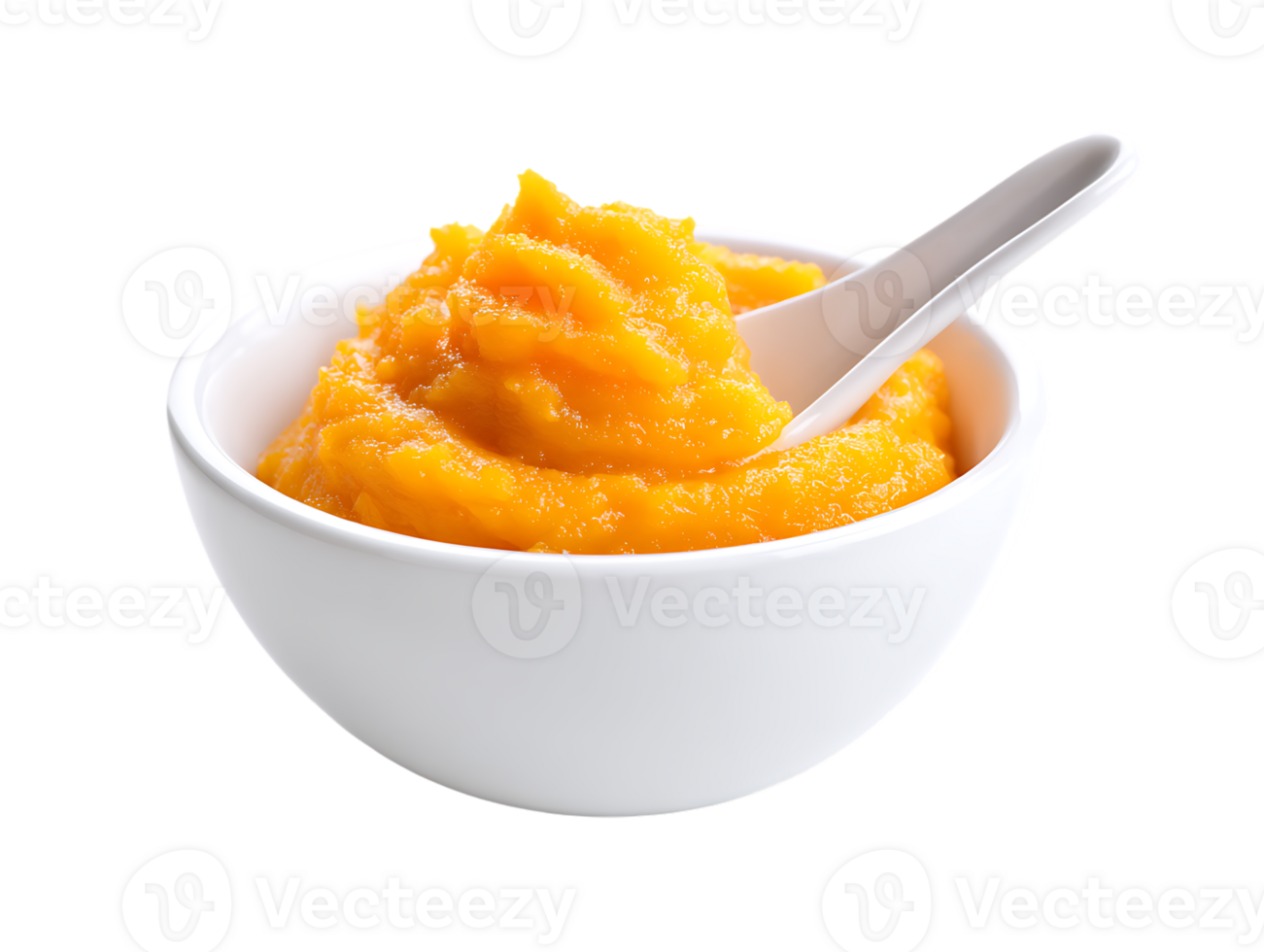 Smooth Carrot Puree in White Bowl with Spoon Isolated on Transparent Background png