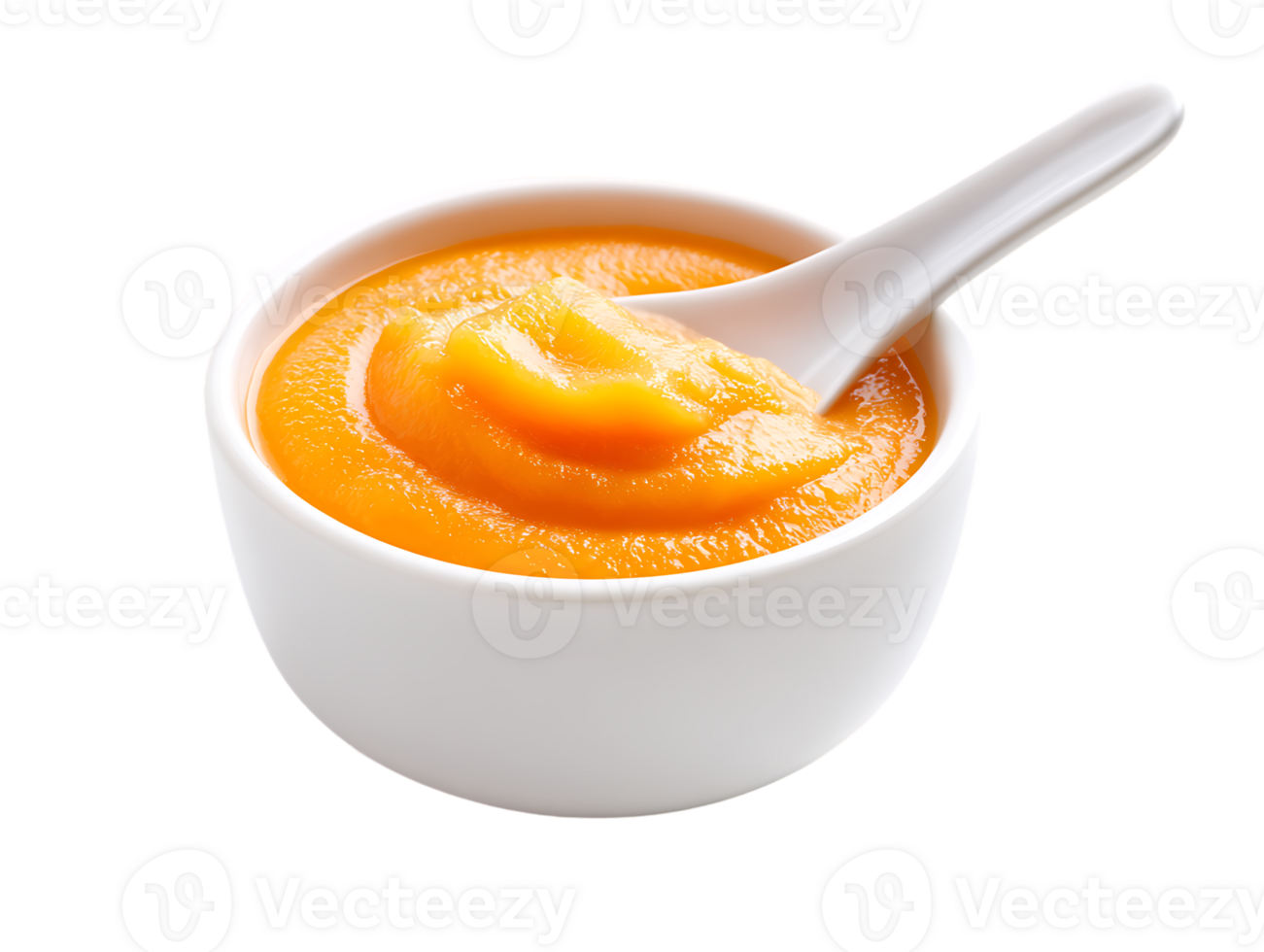 Bowl of Fresh Homemade Carrot Puree with Spoon on Transparent Background png