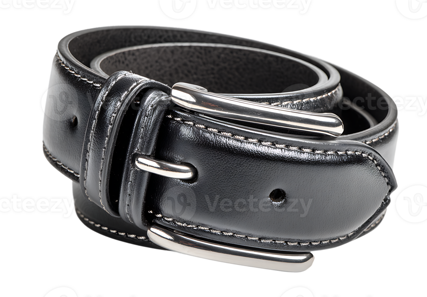 Fashionable Black Leather Belt with Silver Buckle Isolated on Transparent Background png