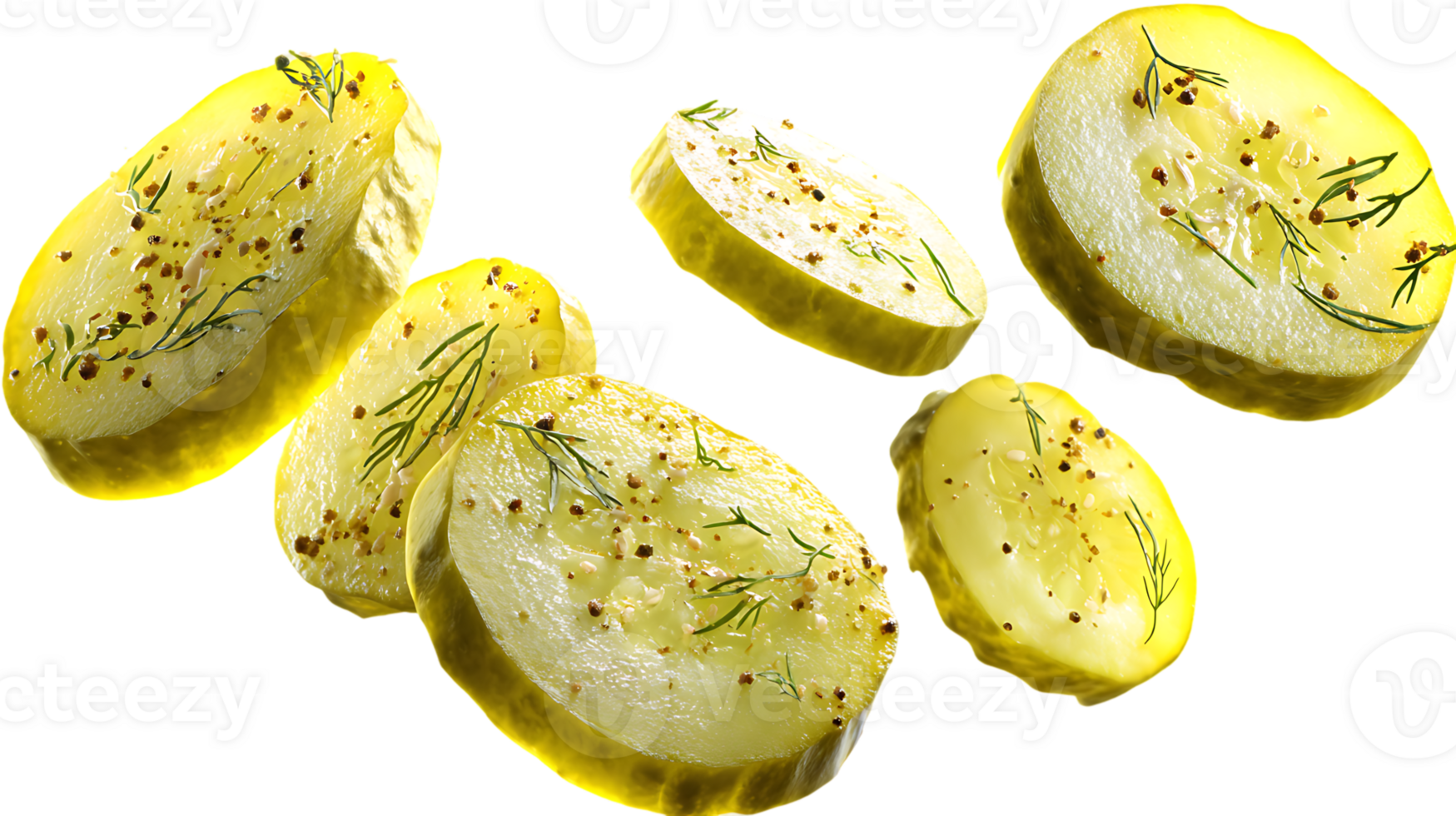Floating Slices of Dill Pickles Pickled Cucumber Food Transparent Background Isolated Object png