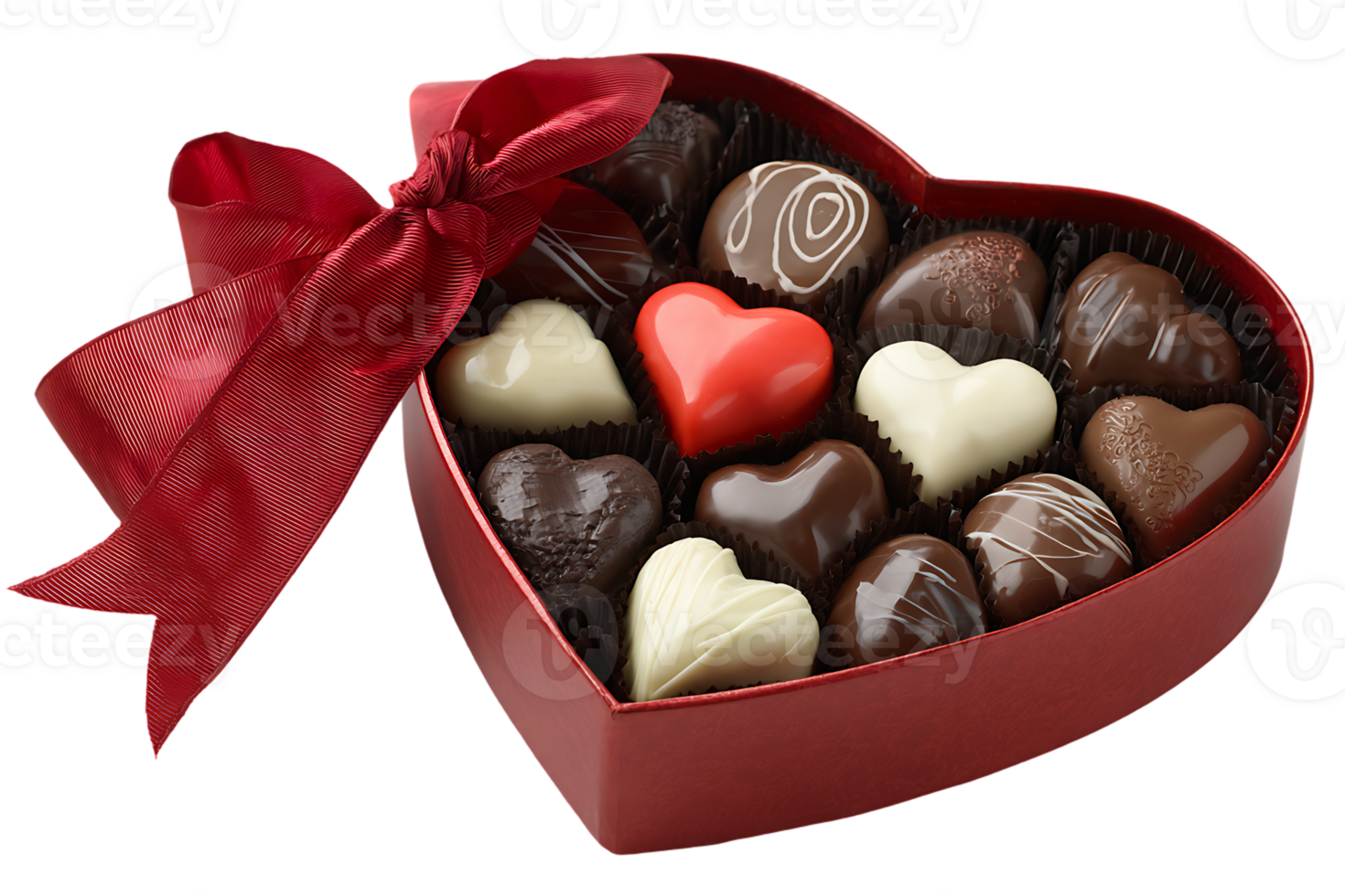 Assorted Chocolate Heart Box with Red Ribbon Bow on Transparent Background png