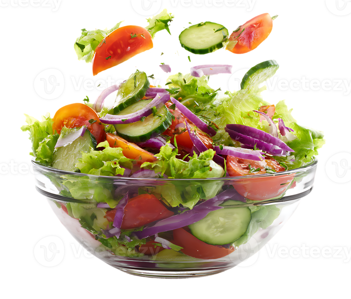 Fresh and Colorful Vegetable Salad with Flying Tomato Cucumber Onion Isolated png
