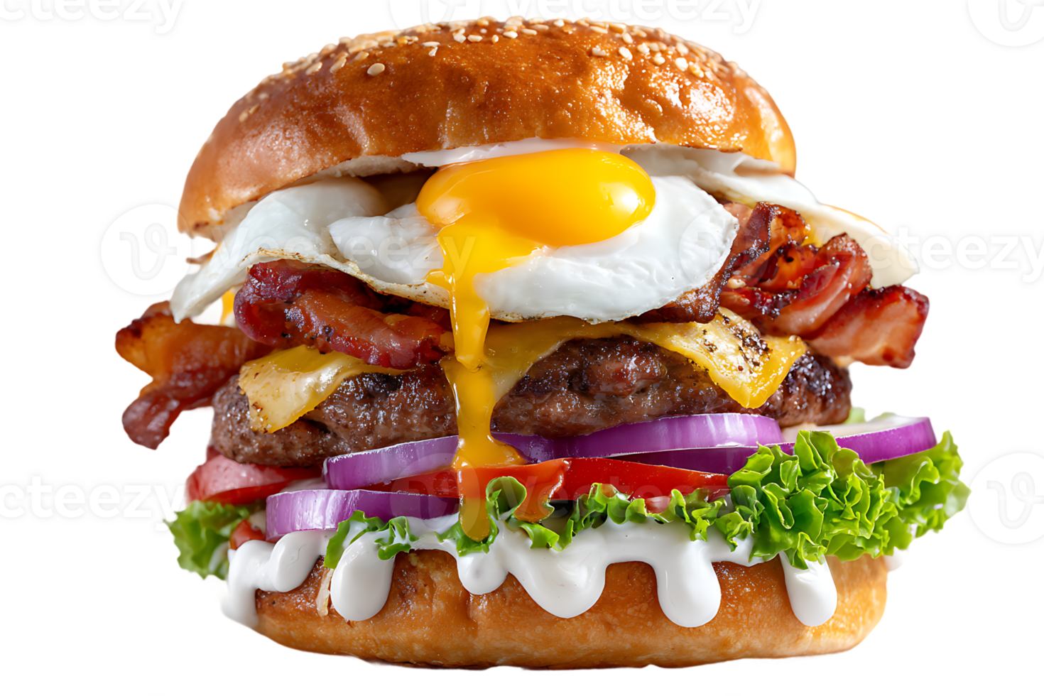 Delicious Double Cheeseburger with Fried Egg Bacon Onion Tomato Lettuce Isolated on Transparent Background png