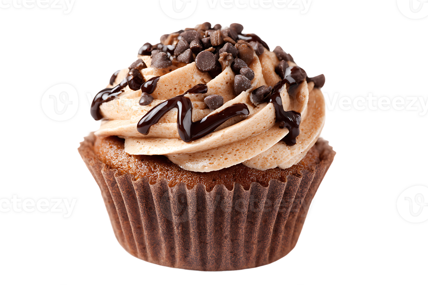 Delicious Chocolate Cupcake with Creamy Frosting and Chocolate Chips Isolated on Transparent Background png