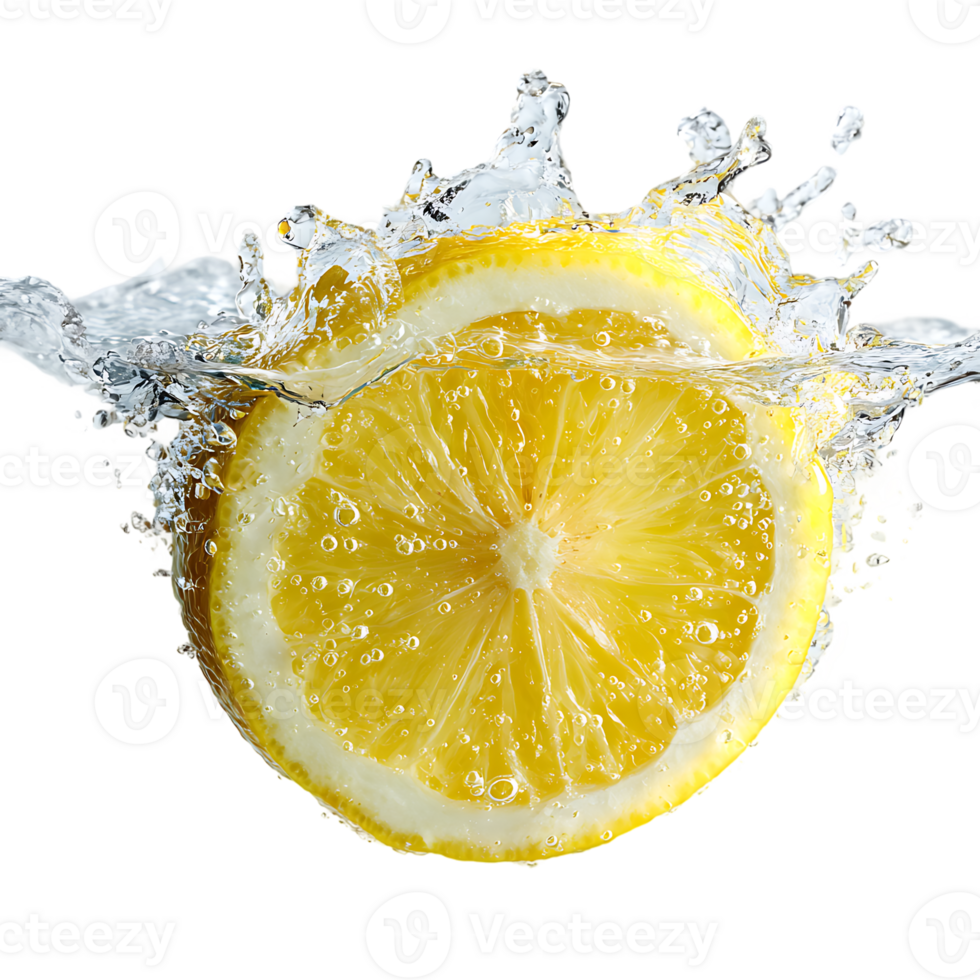 Lemon Slice Plunging Into Water Refreshing Citrus Fruit Transparent Background Isolated png