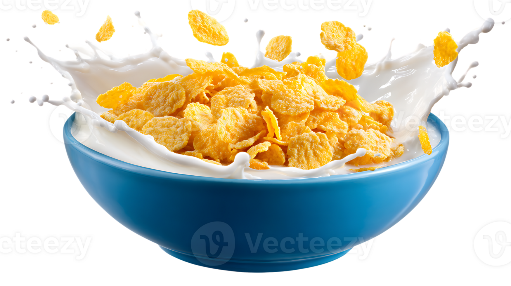 Bowl Full of Corn Flakes and Milk Splash Isolated Transparent Background png