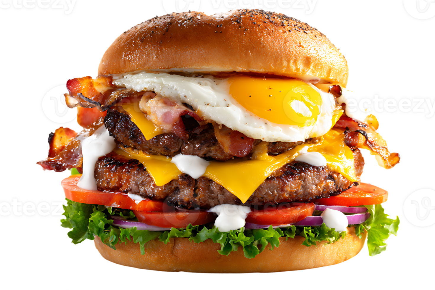 Delicious Double Cheeseburger with Bacon and Egg Transparent Background Isolated png