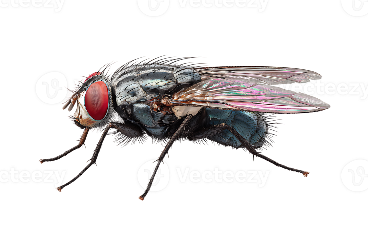 Macro Photo of a Common Housefly Insect with Red Eyes On Transparent Background png