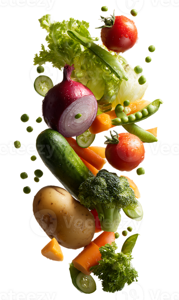Fresh and Healthy Vegetables Flying in Air Transparent Background Isolated Image png