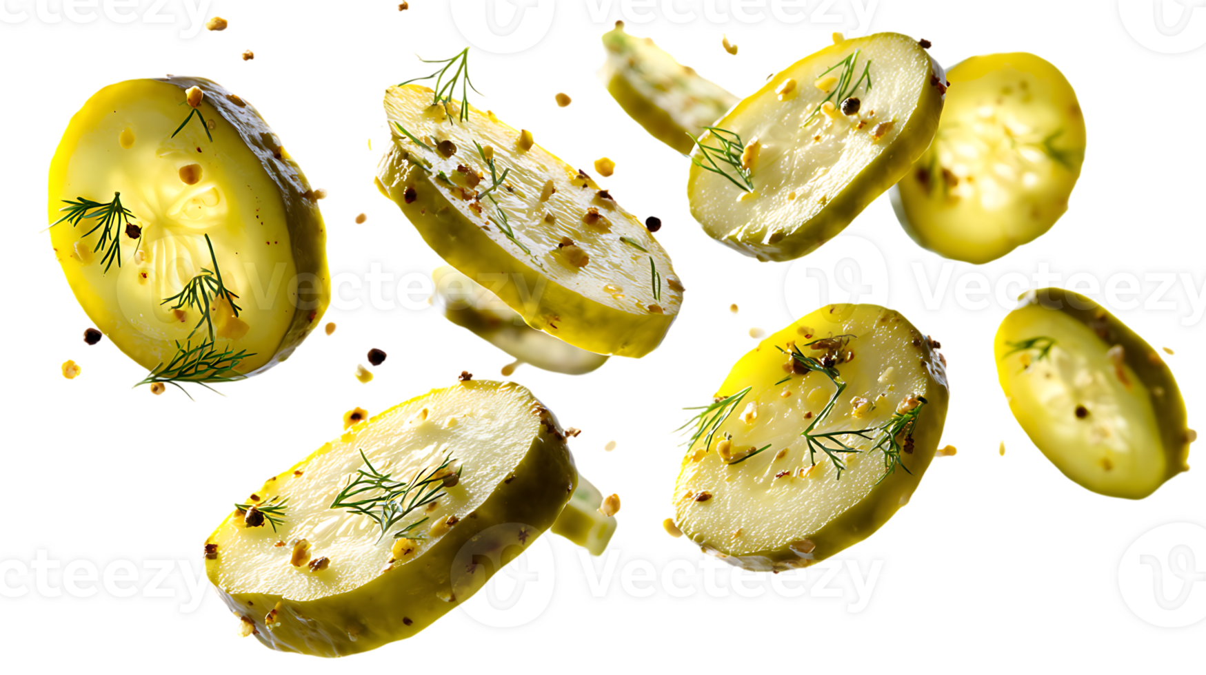 Slices of Pickled Cucumbers in Transparent Background with Dill and Spices png