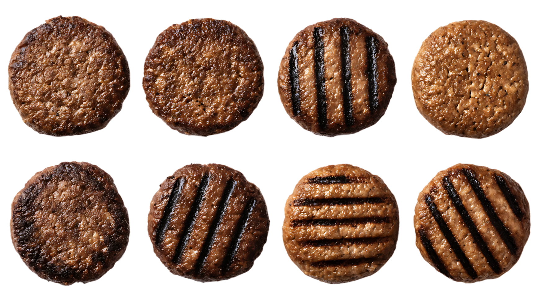 Variety of Delicious Grilled Burger Patties Isolated on Transparent Background png