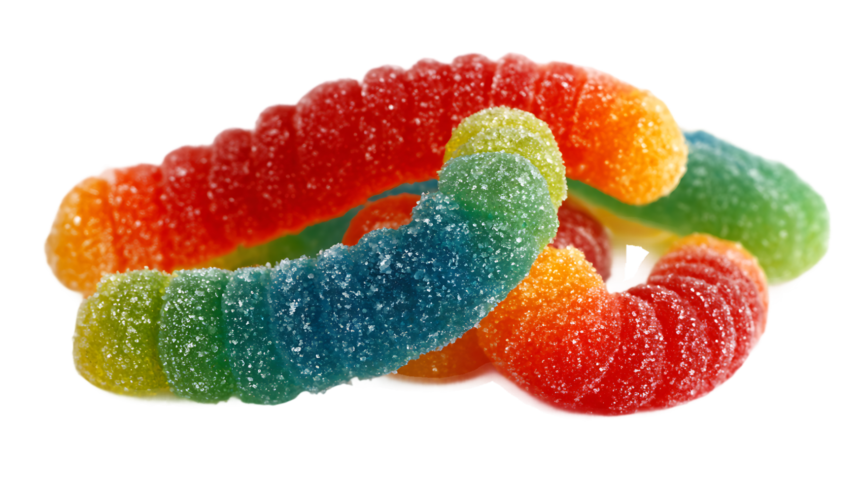 Heap of Colorful Sugar Coated Gummy Worms on a Transparent Background png