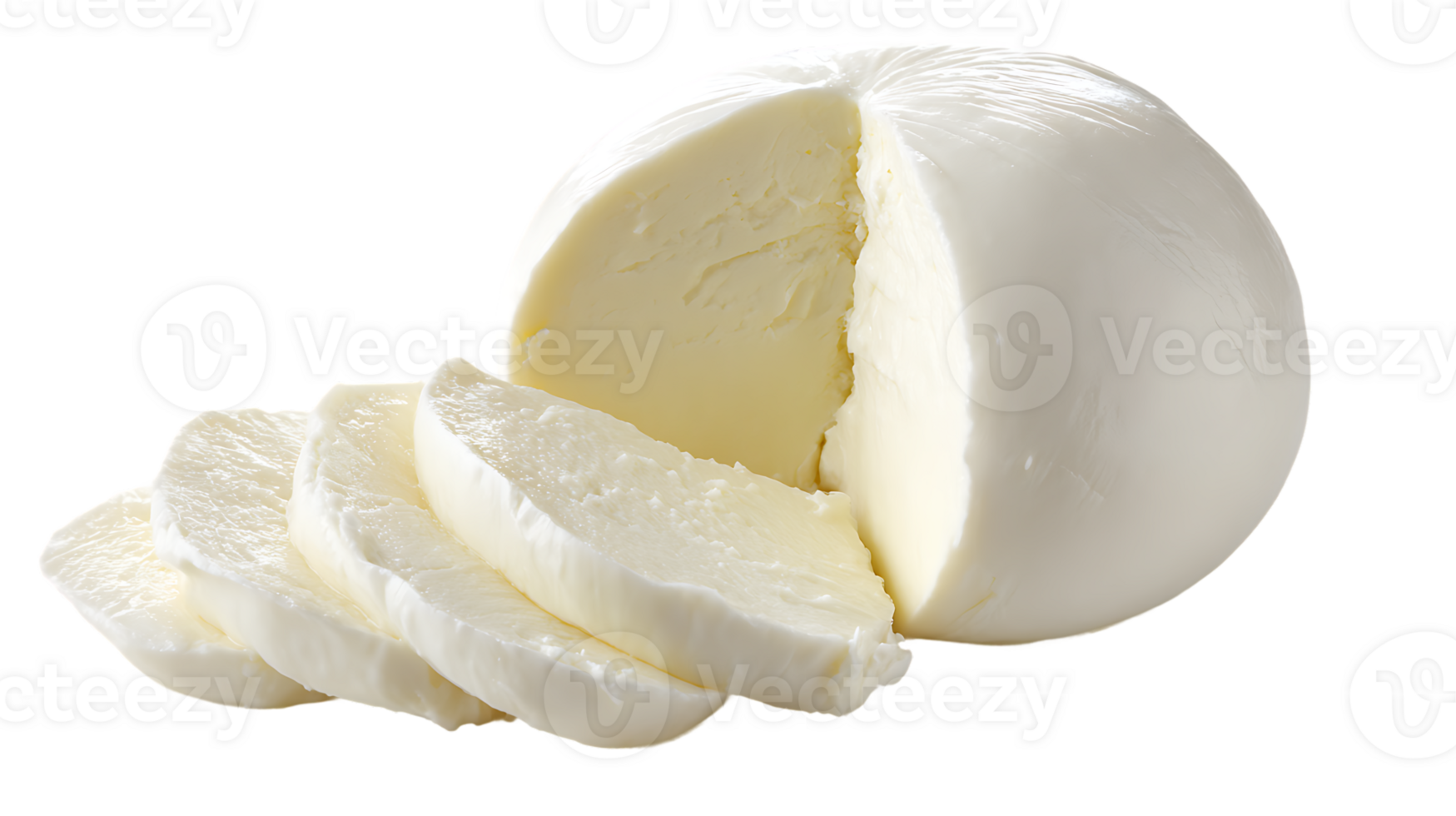 Fresh Mozzarella Cheese Ball and Slices Isolated on Transparent Background png