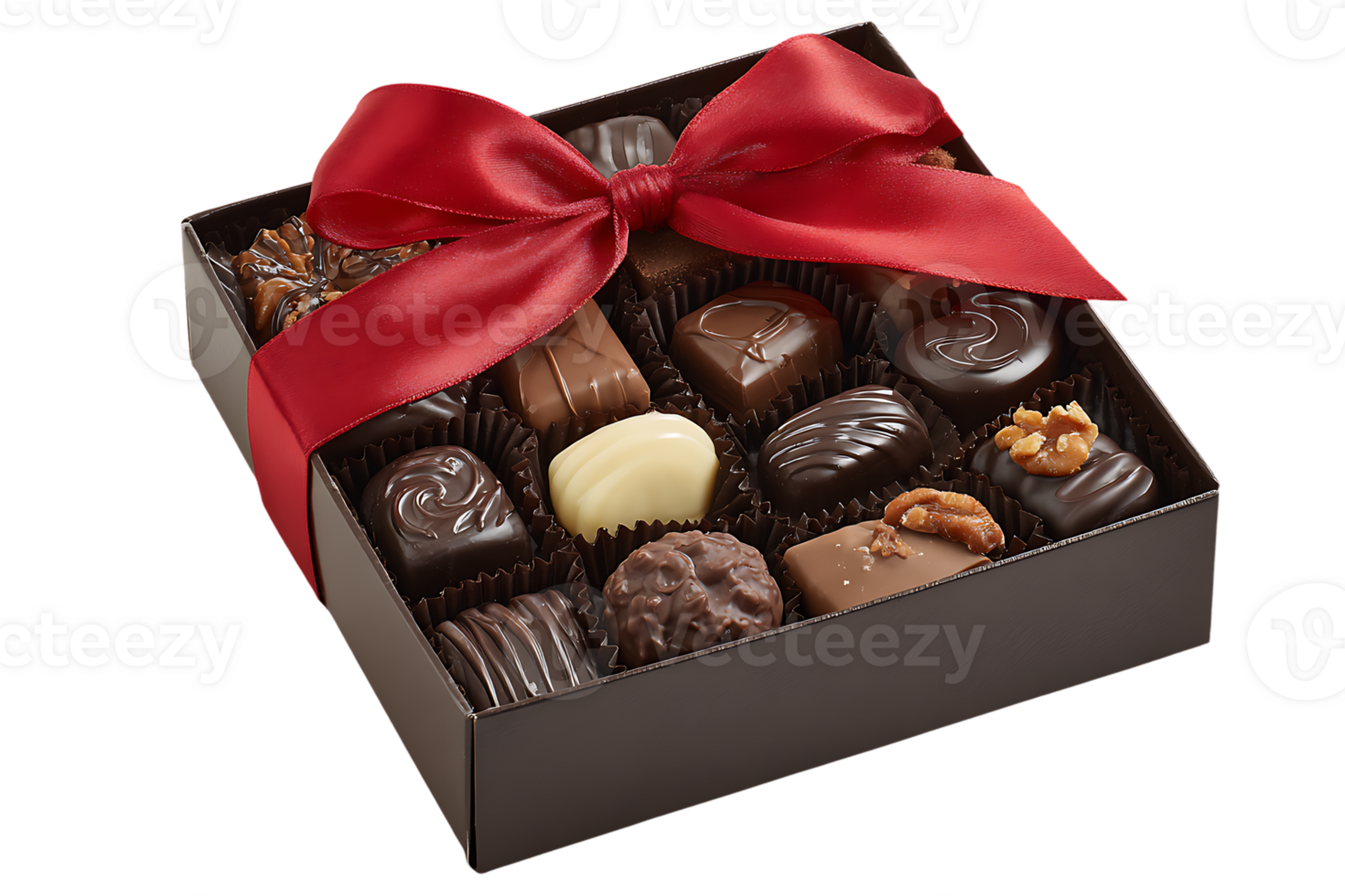 Delicious Assorted Chocolates in a Box with Red Ribbon on Transparent Background png