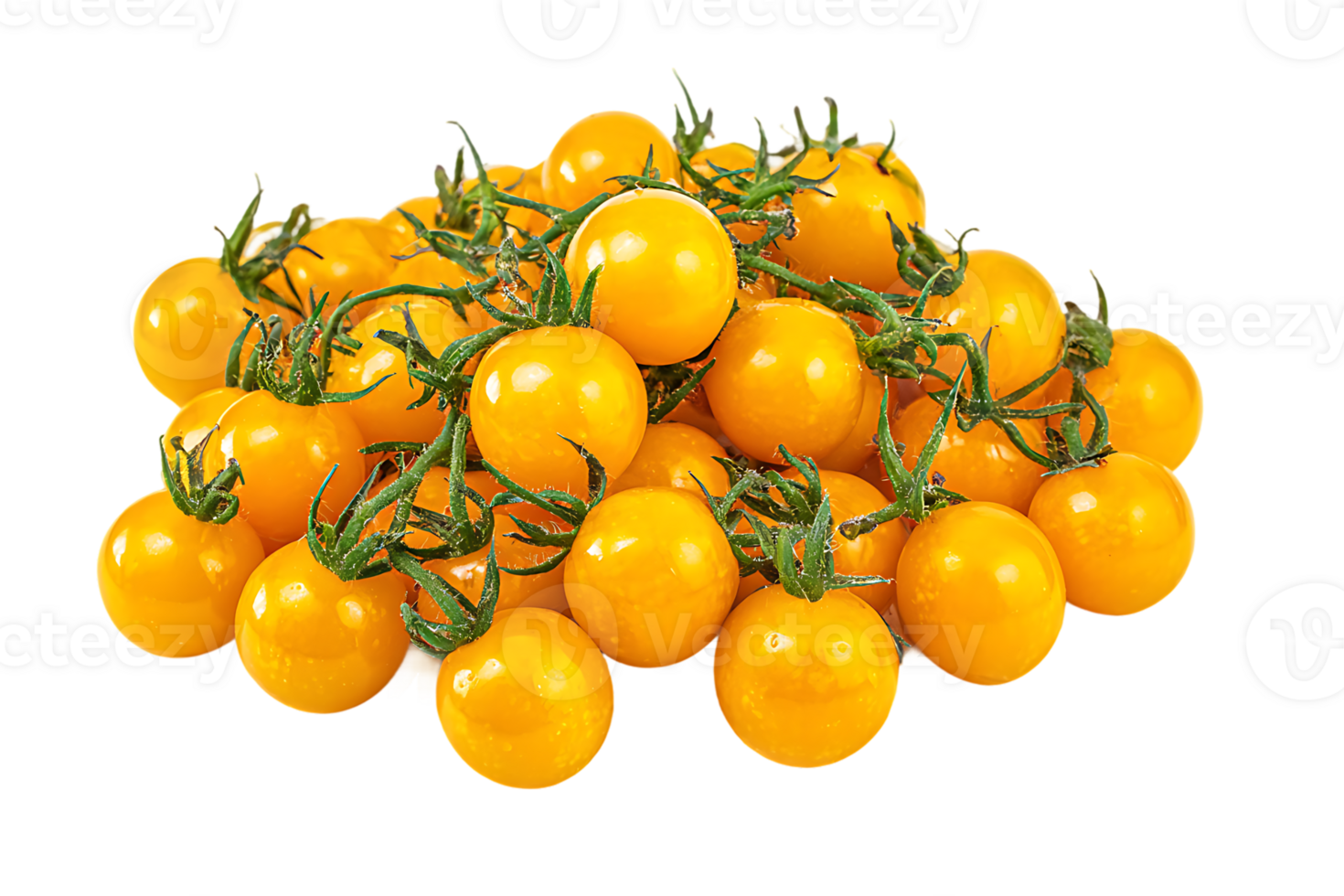 Pile of Fresh and Organic Yellow Cherry Tomatoes with Green Stems png