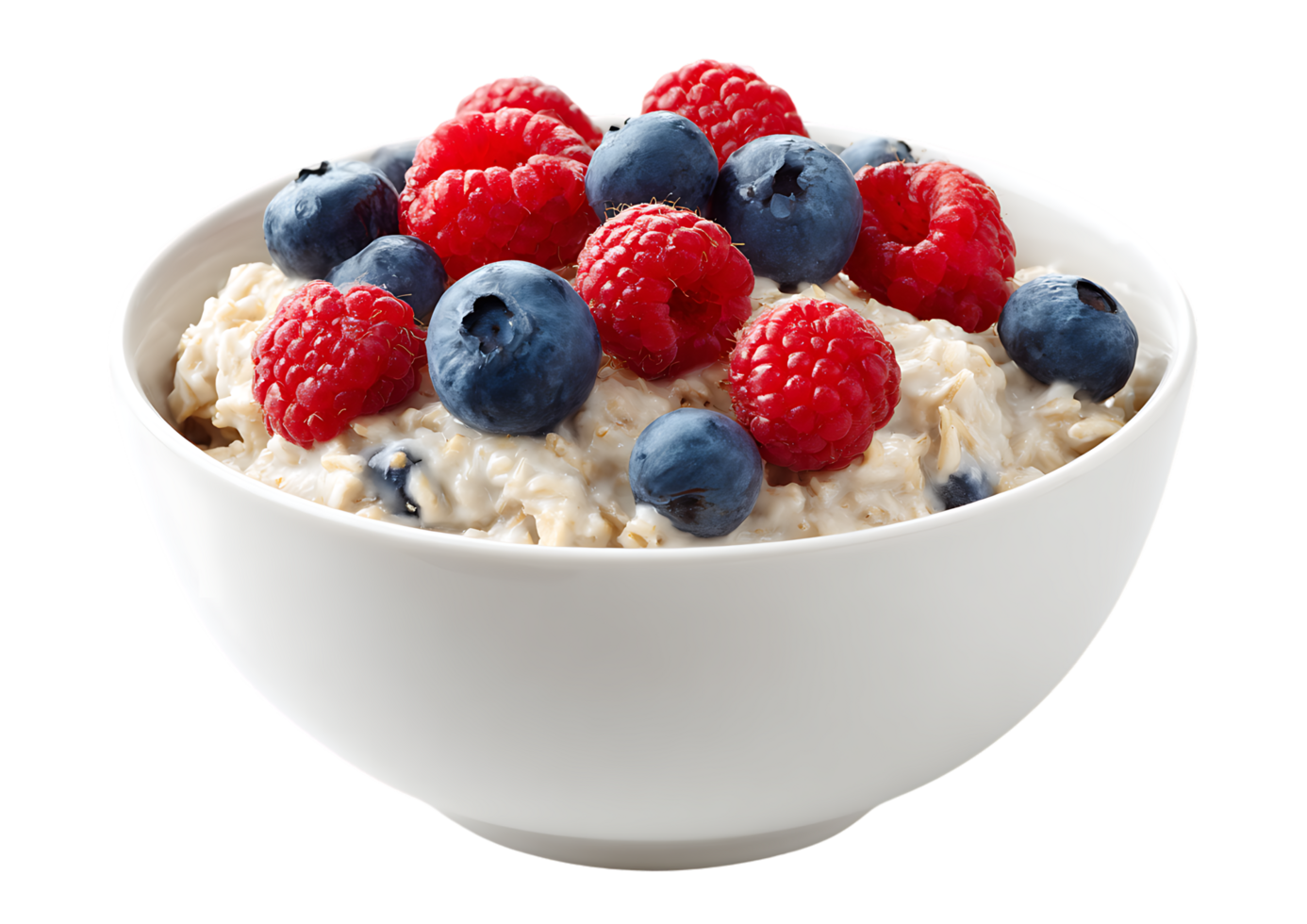 Delicious Oatmeal with Fresh Raspberries and Blueberries in a White Bowl on White png