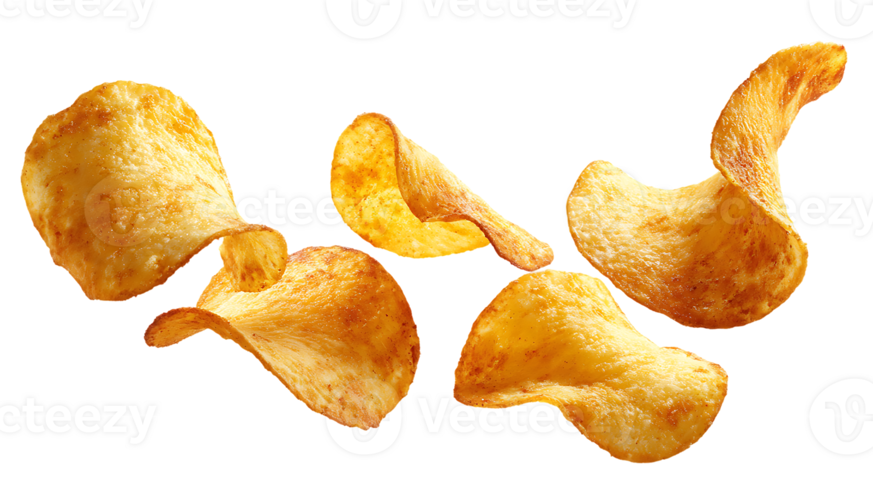 Crispy Delicious Golden Potato Chips Floating Isolated on Transparent Background Stock Image png