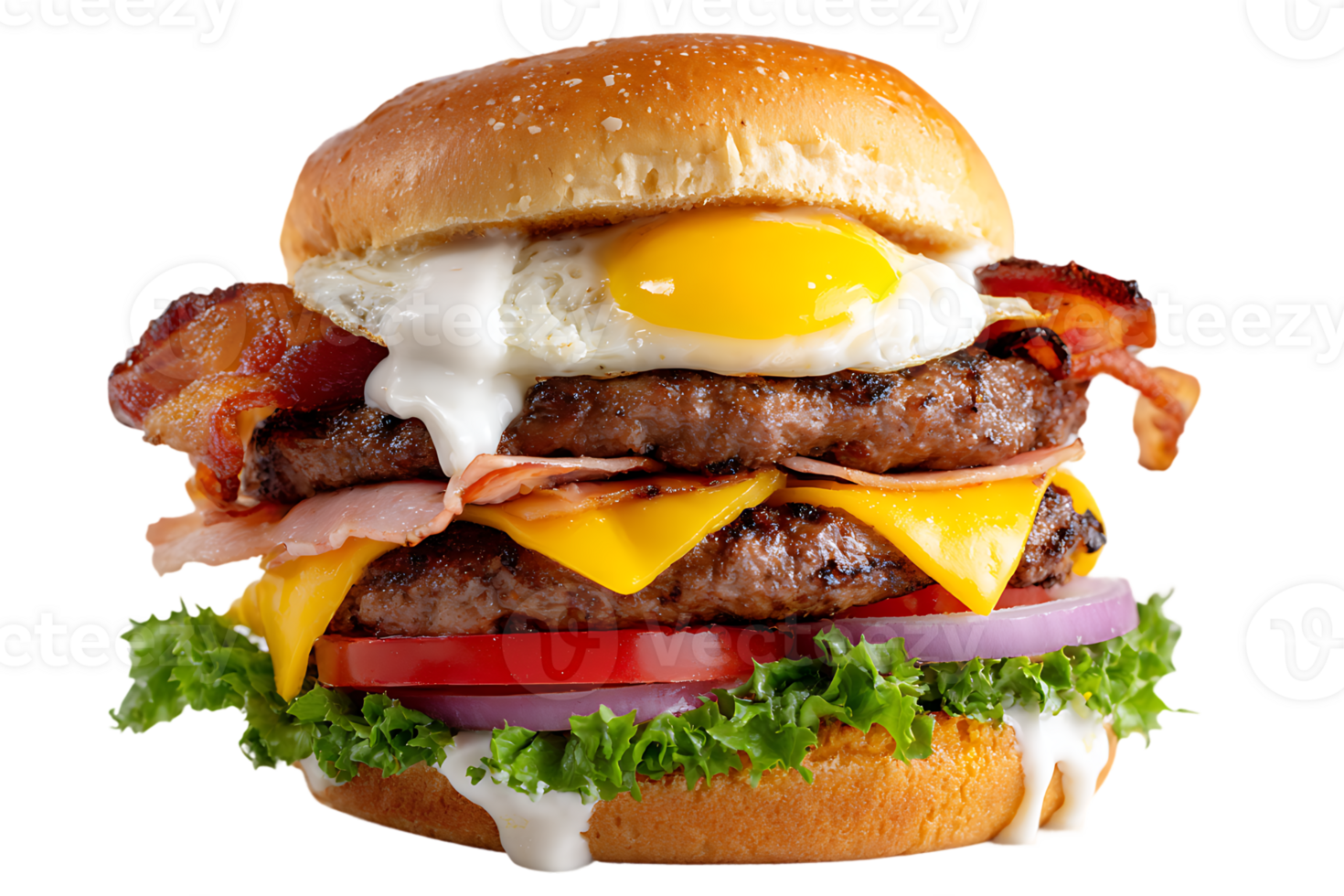 Delicious Burger with Egg and Bacon on Transparent Background Isolated Image png