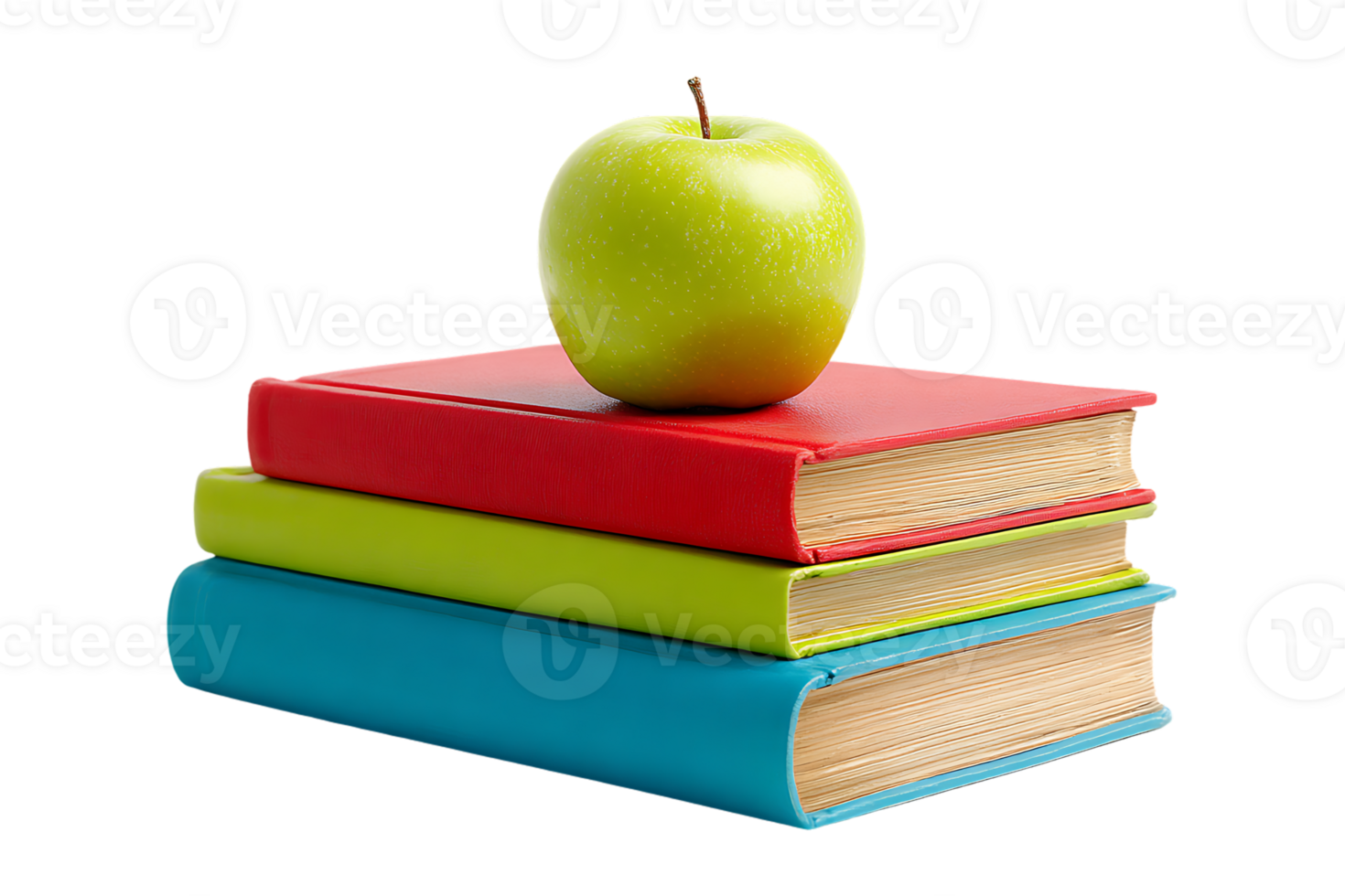 A Stack of Colorful Books with a Green Apple on Top Isolated png
