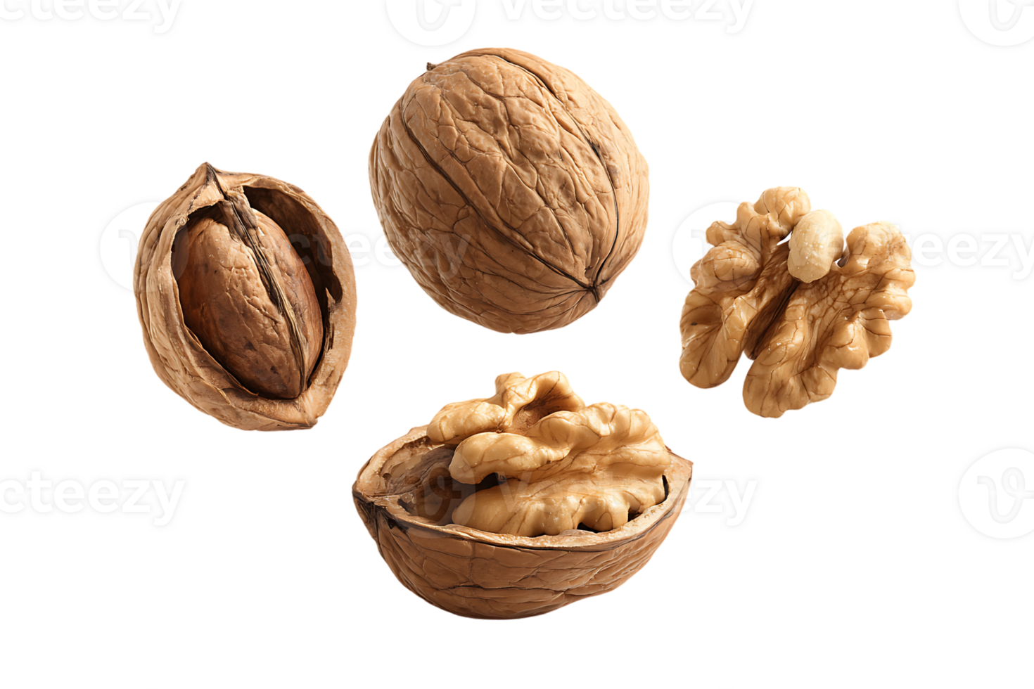 Whole and Broken Walnut Pieces Isolated on a Transparent Background Image png