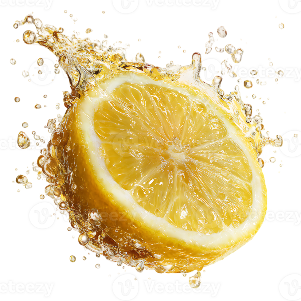 Lemon slice and juice splash isolated element transparent background for decoration png